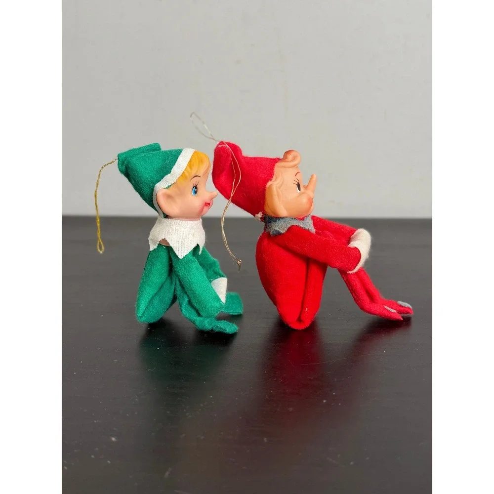 Vintage Pair of Christmas Pixie Elf Ornaments Knee Hugger Dolls Japan
